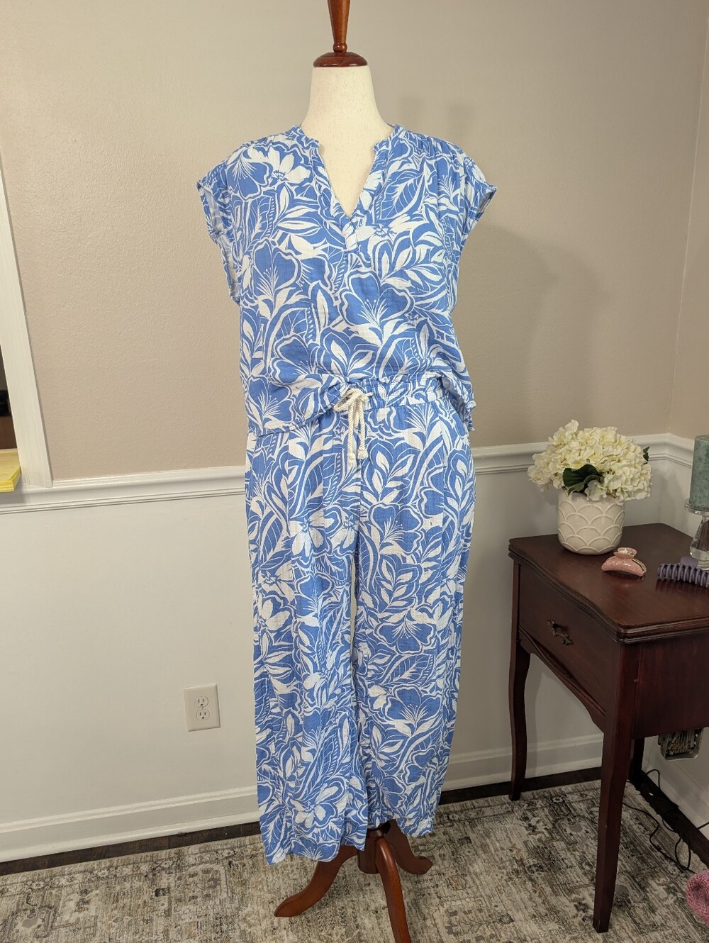 Old Navy Linen Blue And White Matching Set Barrel Leg Sizes M And L - Picture 3 of 11